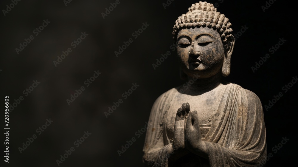 buddha statue on black background with copyspace - obrazy, fototapety, plakaty 