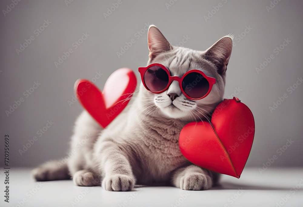 Valentine's Day white sunglasses wedding sitting cat Postcard cat funny red women's space Concept background heartshaped Cute birthday text
