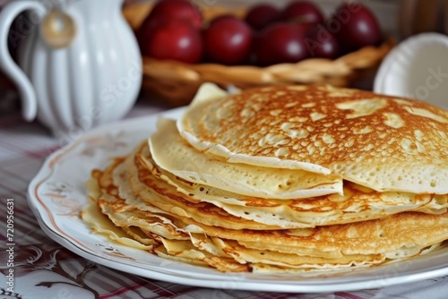 A stack of Russian pancakes on a light breakfast plate