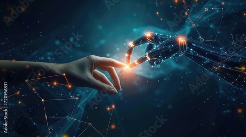 AI, Hands of robot and human touching on big data network connection, Data exchange, deep learning, Science and artificial intelligence technology, innovation of futuristic. © panu101