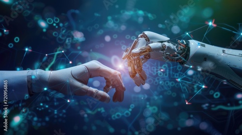 AI, Hands of robot and human touching on big data network connection, Data exchange, deep learning, Science and artificial intelligence technology, innovation of futuristic. © panu101