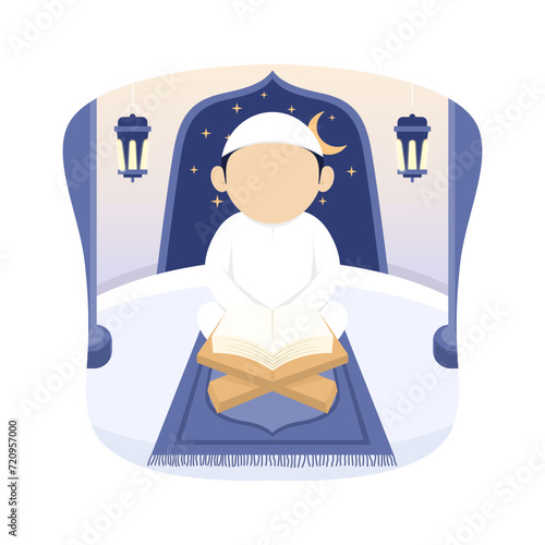 Vector illustration of a Muslim boy reading the quran in a mosque