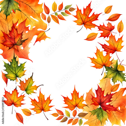 autumn leaves border frames for cards, greetings. white background. orange and green leaves. watercolor style