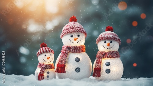 Adorable Knitted Snowman Family Celebrating Holiday Seasons on Christmas Snowy Background AI Generated © Alex