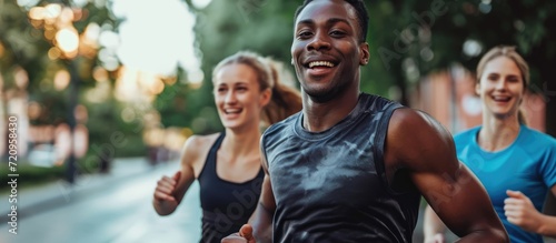 Male and female friends exercising together in urban settings  striving to reach fitness goals and lead a healthy lifestyle.