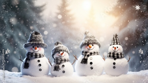 Adorable Snowman Family Celebrating Holiday Seasons on Christmas Snowy Background AI Generated