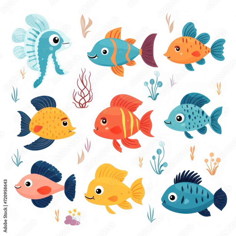 Set of cute cartoon fishes. illustration isolated on white background. Generative AI