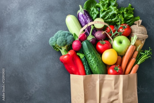 Various fresh vegetables and fruits in paper bag  dark background.