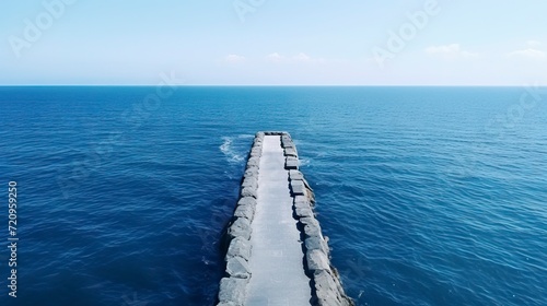 concrete pier in the sea with blue sky and white clouds. Generative AI
