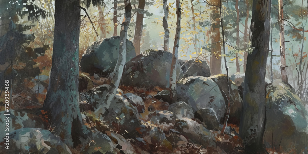 Obraz premium a painting of a white trees among rocks, generative AI
