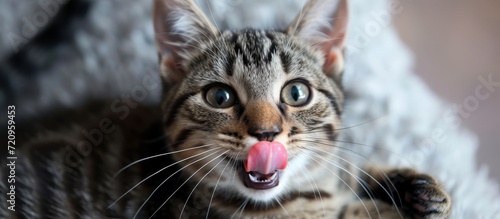 Adorable Tabby Cat Sticks Tongue Out, Making Cute Face and Steals Hearts © AkuAku