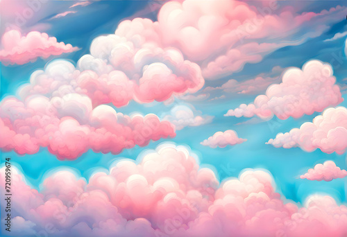 sky illustration with colorful clouds. blue and pink clouds, blue sky. art for children's themes, fantasy, ludic