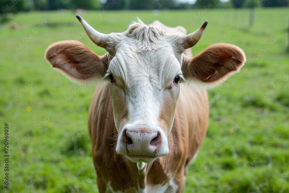 Horned cow looking at camera on green background. Horned cow looking at camera on green background.