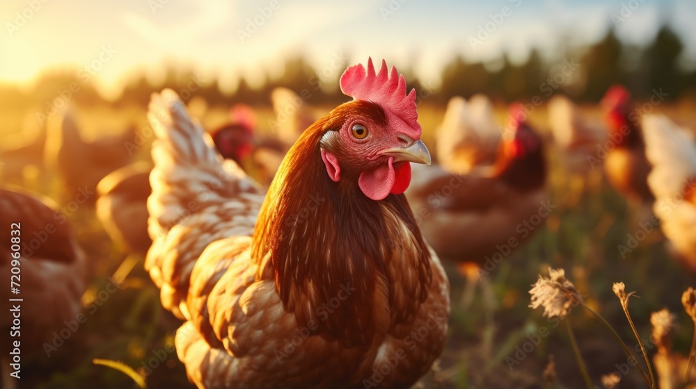 Chickens on a traditional free range poultry farm in the sunset light. Generative AI
