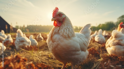 Beautiful white chicken on a farm in sunset light. Rural scene. Generative AI