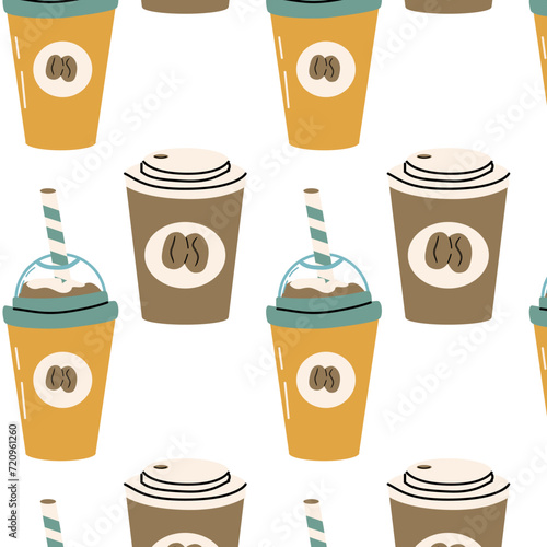 Coffee beverage seamless pattern in different cups. Vector illustration can used for kitchen textile, wrapping paper, cafe wallpaper, poster. 