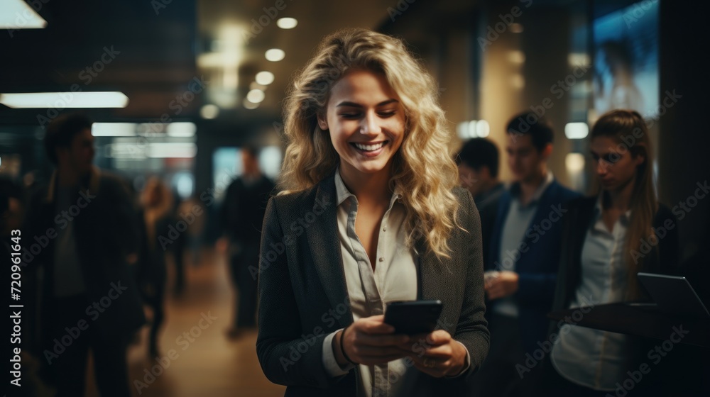 Young businesswoman using mobile phone in the lobby of a modern office building Generative AI