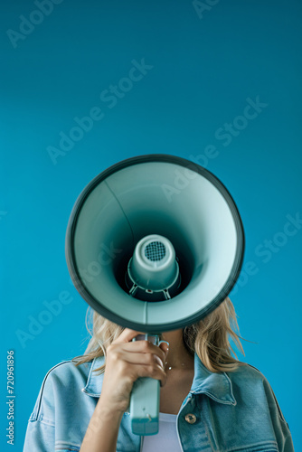 woman speaking in to a megaphone on a blue background 
