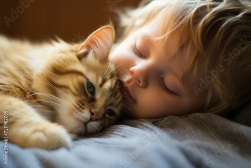 Tender Moment  Adult Cat Kisses Newborn Human Baby AI Generated