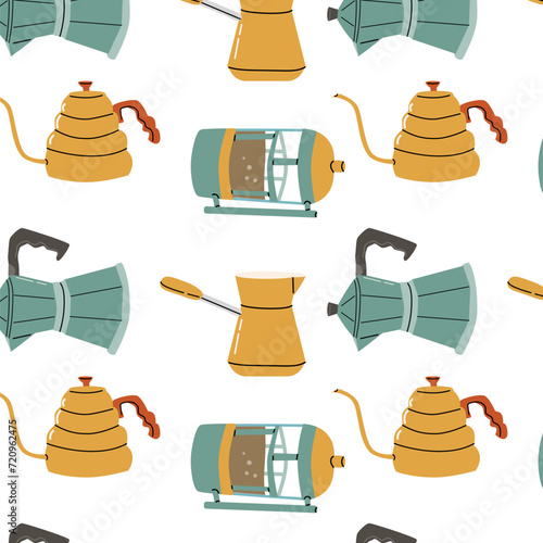 Seamless pattern with coffee pots and coffee maker. Coffee Brewing and pot vector illustration. Can used for kitchen textile, wrapping paper, poster. 