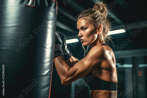 Determined Female Boxer Training with Heavy Bag in a Gym