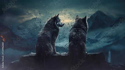 Mountain Guardians: Wolves Howling in the Nocturnal Peaks photo