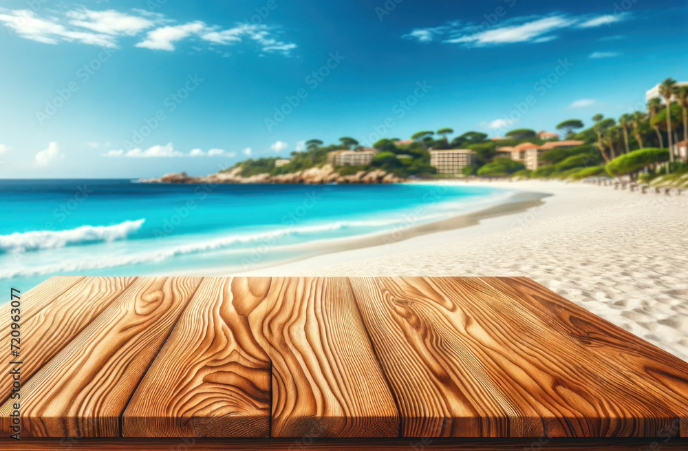 Empty wooden table with beautiful blurred white sand beach background Empty wooden table with beautiful blurred white sand beach background