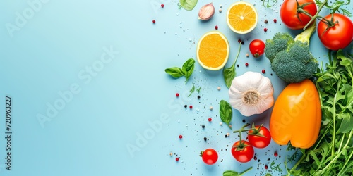 Assorted vegetables and fruits on blue background with copy space.