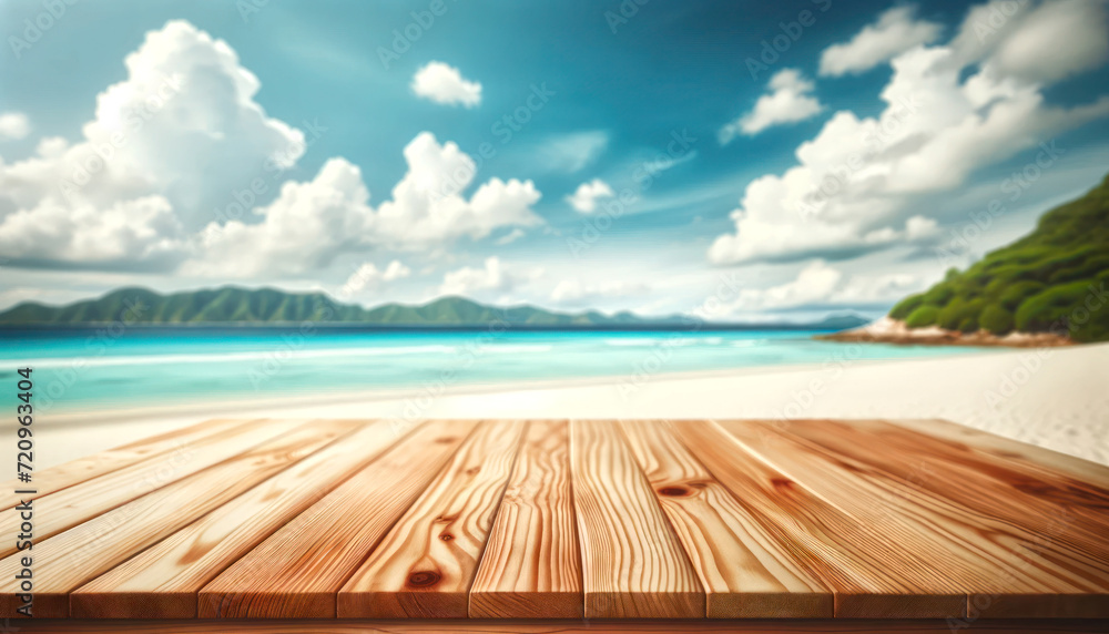 Empty wooden table with beautiful blurred white sand beach background