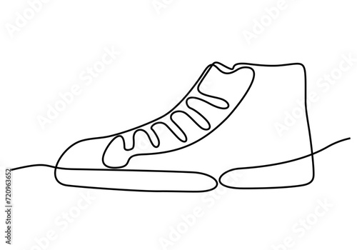 Shoes continuous one line drawing. Sports shoes in a line style. Sneakers isolated on white background. Good for man or woman. Fashionable and casual. Vector minimalistic hand drawn illustration