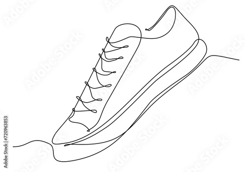 Shoes continuous one line drawing. Sports shoes in a line style. Sneakers isolated on white background. Good for man or woman. Fashionable and casual. Vector minimalistic hand drawn illustration photo