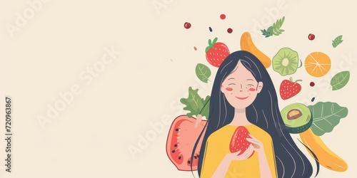 Illustration of a girl with fruits on light background.