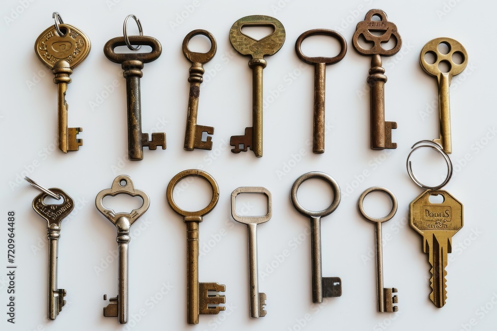 collection of different house keys isolated on white background collection of different house keys isolated on white background
