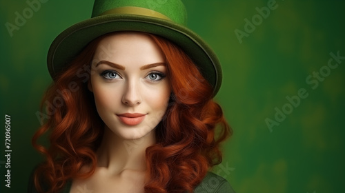 St. Patrick's Day. Portrait of a beautiful young woman wearing a leprechaun hat, space for text. Generative AI