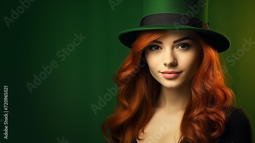 St. Patrick's Day. Portrait of a beautiful young woman wearing a leprechaun hat, space for text. Generative AI