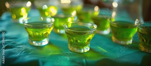 Unconventional alcoholic beverages for adult parties, resembling lime jelly shots and served on a tablecloth. photo