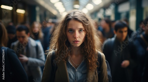 Portrait of a beautiful young woman with long curly hair in the subway Generative AI