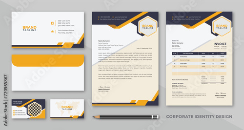 Corporate business stationery template design set with business cards, letterhead, invoice and envelope brand identity package