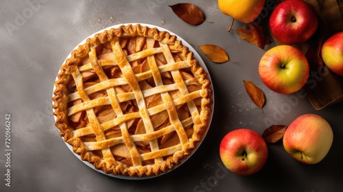 Delicious apple pie with fresh apples on a dark background, top view Generative AI