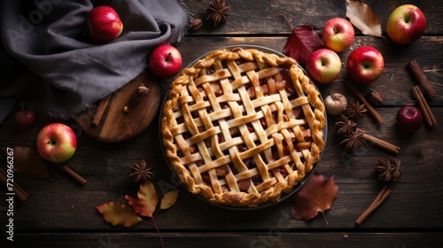 Apple pie on rustic wooden background, top view, copy space Generative AI