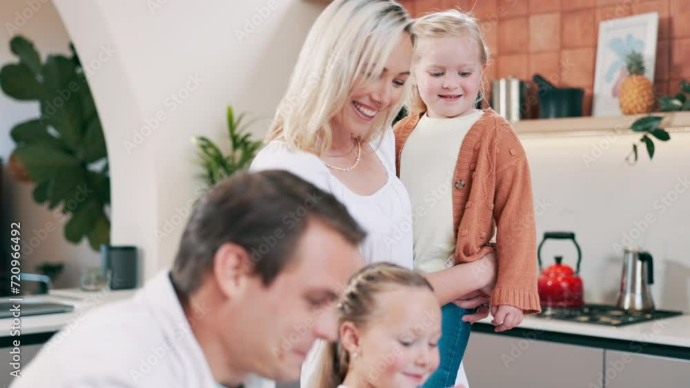 Mother, daughter and with family for homework education, help or writing in house kitchen. Homeschooling, teaching or happy parents bonding with kids, learning and father with support for development Mother, daughter and with family for homework education, help or writing in house kitchen. Homeschooling, teaching or happy parents bonding with kids, learning and father with support for development