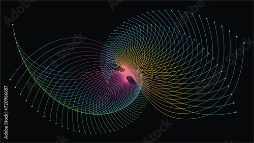 Vector abstract light lines wavy flowing dynamic in blue green pink purple yellow colors isolated on black background for the concept of AI technology, digital, communication, 5G, science, multicolour