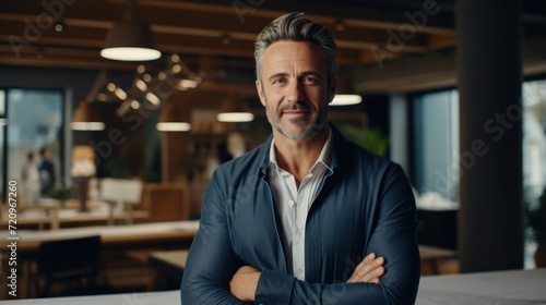 Portrait of confident mature businessman standing with arms crossed in modern office Generative AI