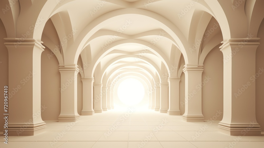 Illuminated corridor with columns and light rays. 3d rendering Generative AI