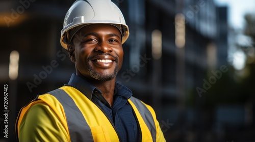 portrait of smiling african american man in safety helmet on construction site Generative AI © Alex