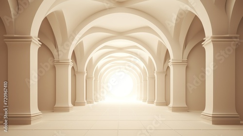 Illuminated corridor with columns and light rays. 3d rendering Generative AI