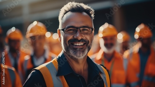 Portrait of a smiling male construction worker wearing safety helmet and glasses standing outdoors. Generative AI © Alex
