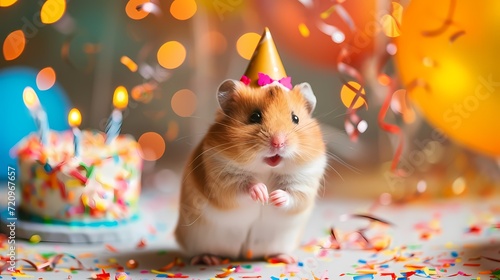 cute hamster celebrate birthday party with birthday cake