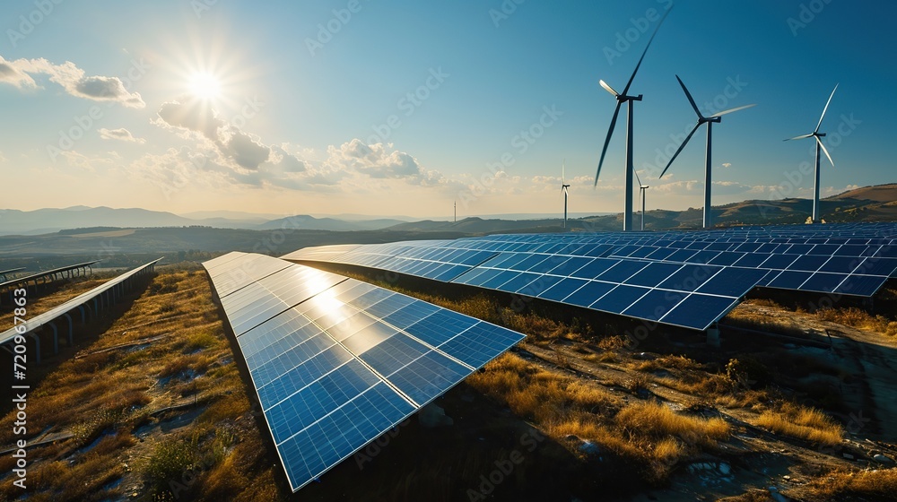 photovoltaic power plant and wind turbine farm situated by landfill.Solar panels farm built on a waste dump and wind turbine farm. Copy space for text. - obrazy, fototapety, plakaty 