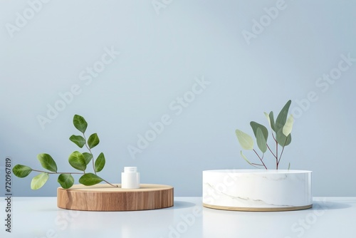 cosmetic product podiums mockup, blue background, minimalistic. © ARTIFICIAN